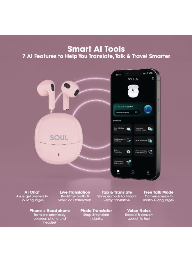 Xcell سماعات الأذن الذكية Xcell SOUL-AI – ترجمة مكالمات حية وفيديو بأكثر من 160 لغة، مساعد ذكي، ترجمة صور وصوت، صوت عالي الجودة بلوتوث 5.4، بطارية 6 ساعات، ضمان 2 سنة (وردي) - Image 4